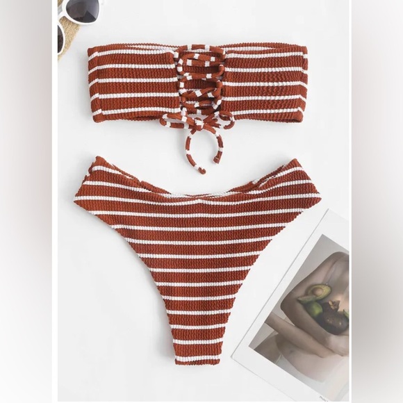 Zaful Brown and White Striped Bikini - Picture 3 of 6